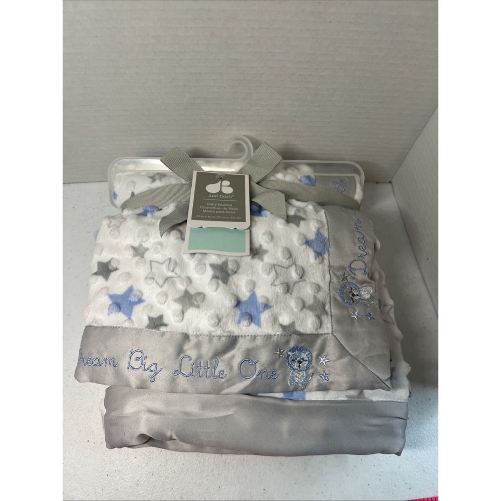 Just Born Baby Blanket 30" X 40" Lovey Stars Dream Big Lion Gray Satin Trim NWT